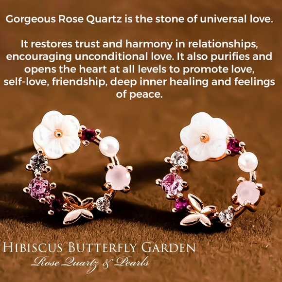 Rose Quartz & Pearl Hibiscus Butterfly Earrings - Picture 5 of 8